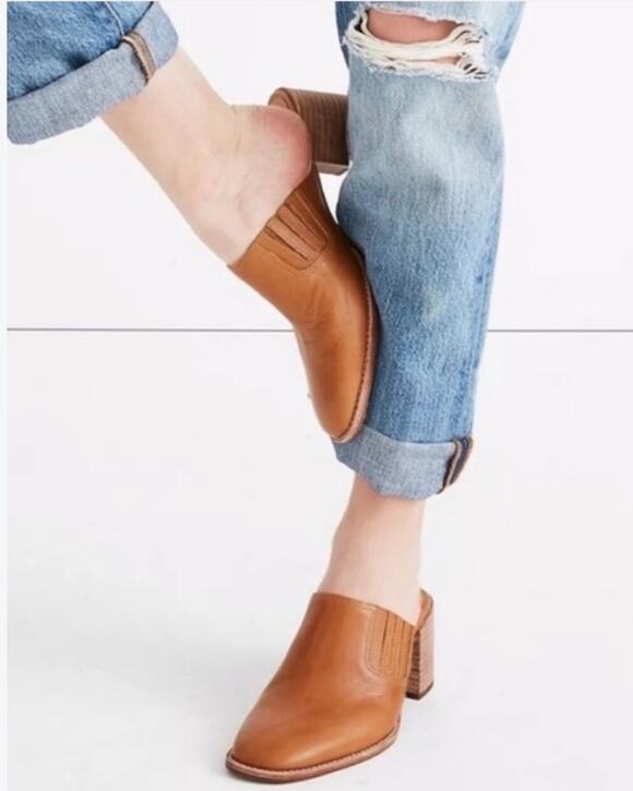 Madewell Shoes - Madewell The Carey Leather Mules Slip On Block Heel Camel Brown Women Size 7.5